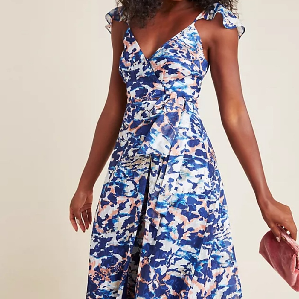 Hutch Blue and White Ruffled A-line Midi Dress